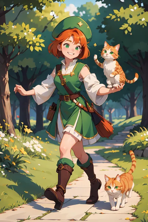 1girl, ginger hair, Irish, green and gold, leprechaun, girl walking with a happy calico cat beside her, happy, smiling, cute, fantasy, stylised, medieval