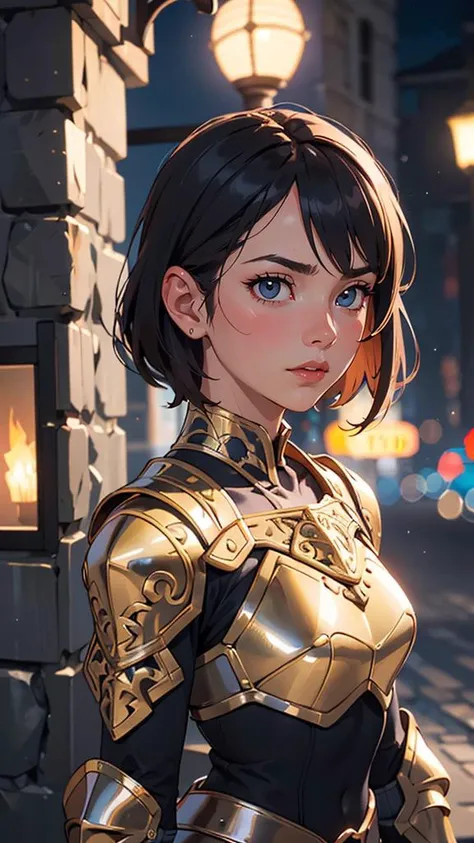 Portrait of a girl, the most beautiful in the world, (medieval gold armor), metal reflections, upper body, outdoors, intense moonlight, far away castle, professional photograph of a stunning woman detailed, perfect bobbed sexy intense black hair, sharp foc...