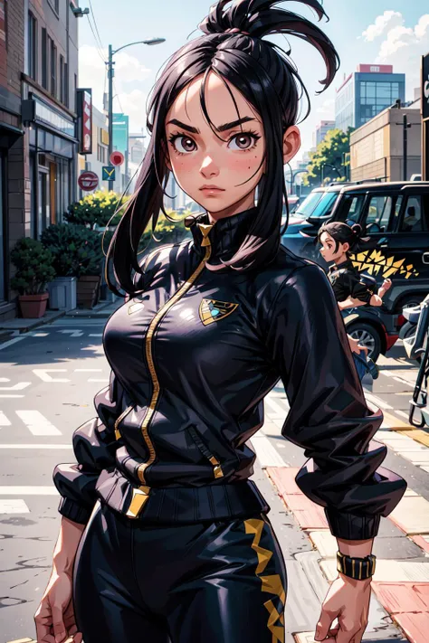 thick outlines, comics, photorealistic, perfect hands, masterpiece:1.2, city, gym, 1girl, standing, <lora:dendra by Goofy Ai:1>, dendra pokemon, track jacket, track pants, sidelocks, black jacket, medium breast, detailed background, detailed face, detailed...