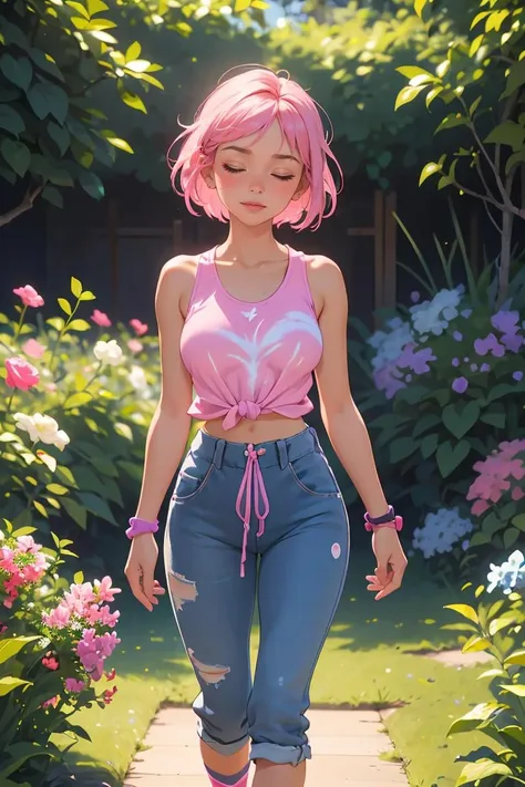 a woman with pink hair and pink shoes walking down a path