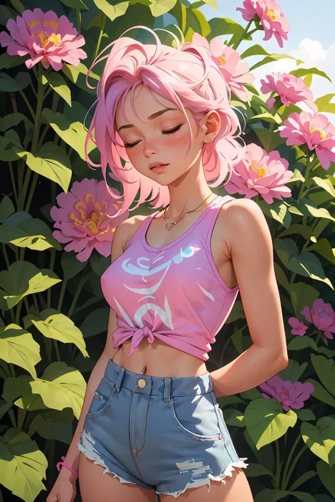 a woman with pink hair and a pink top standing in front of flowers