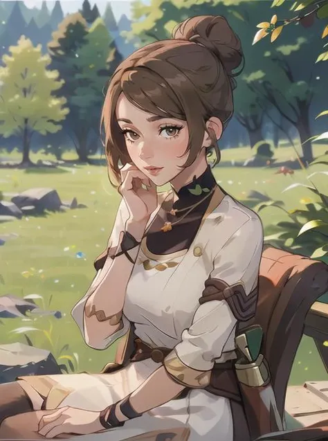 (masterpiece, best quality),(depth) of (field),  <lora:Atefeh001:0.91> Atefeh, 1girl, hair bun, brown eyes,  <lora:age_slider_v2:2>,, adult, 1girl sitting in a field of green plants and flowers, her hand under her chin, warm lighting, blurry foreground