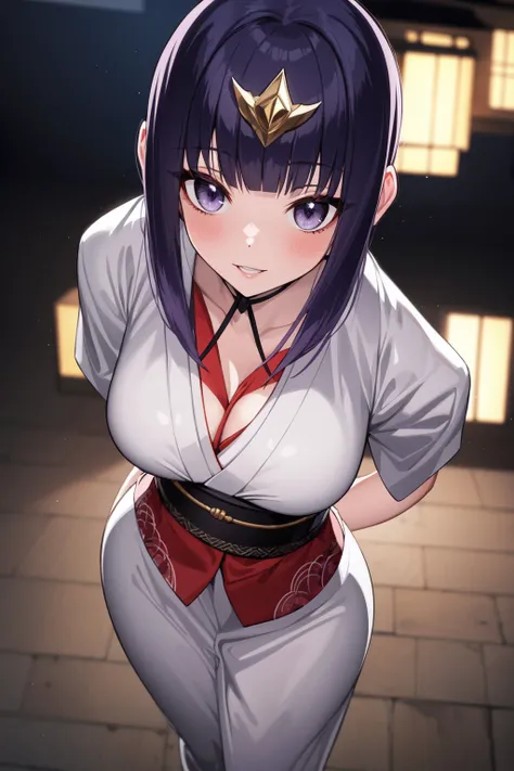 ((best quality)),((highly detailed)),masterpiece,absurdres,detailed face,beautiful face,(detailed eyes, deep eyes),1girl,((dynamic pose)) solo, breasts, japanese clothes, long hair, cleavage, large breasts, miko, purple hair, triangular headpiece, ghost, b...