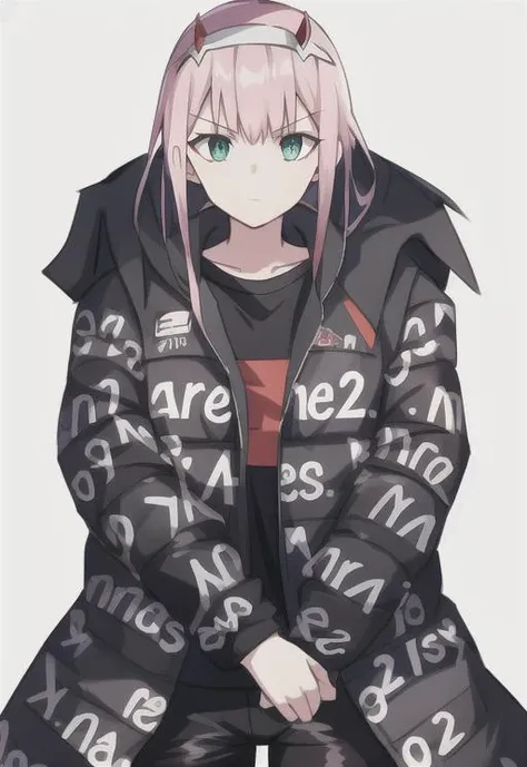 drip jacket,((white background)), shirt, jacket, closed mouth, open clothes, black pants, pants, cow boy shot, 1girl, black shirt, looking at viewer, open jacket, solo, own hands togethet,<lora:drip_jacket:0.7>
<lora:zerotwo:1> , zerotwo, hairband, horns,r...