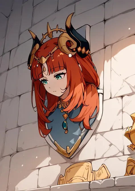 anime girl with red hair and horns on a wall with a cat