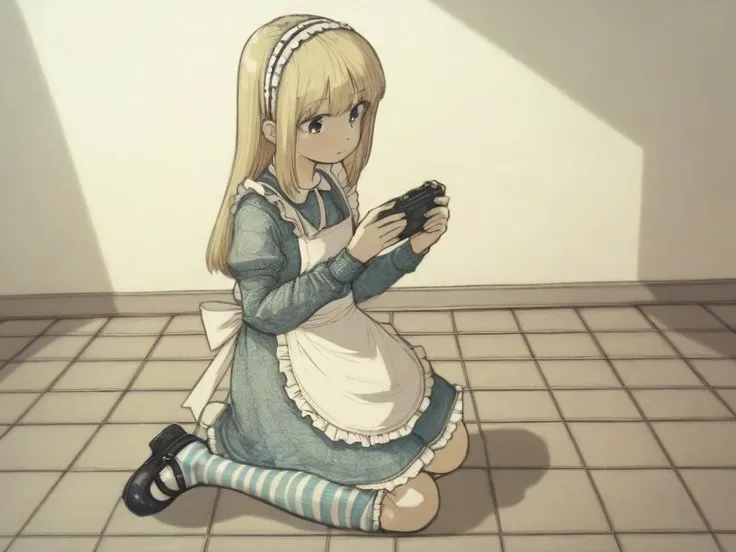 <lora:Epeulu-PonyXL-1024px:0.9>
score_5_up, 
1girl, solo, kneeling on floor, holding handheld_game_console, wearing (dress, white frilly apron, striped kneesocks, mary janes, hairband), blonde hair