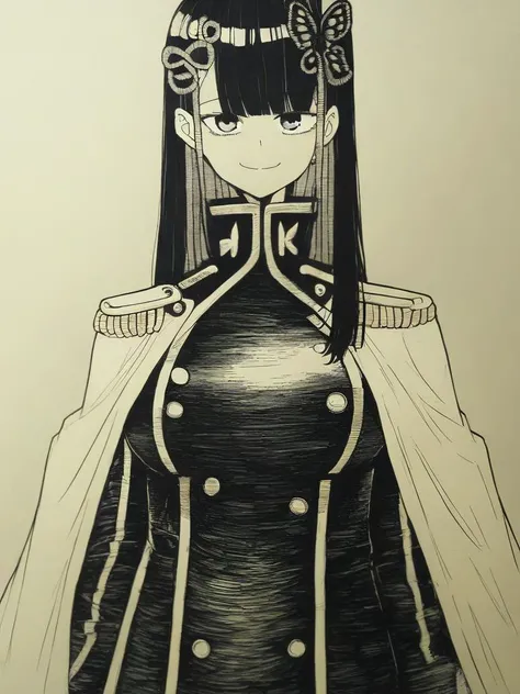 <lora:Epeulu-PonyXL-1024px:1>
score_5_up, 
1girl, solo,  standing,  smile, long hair, breasts, bangs, hair ornament,  large breasts, closed mouth, looking at viewer, cape, jacket, uniform, epaulettes, military, blunt bangs, military uniform, black hair, si...