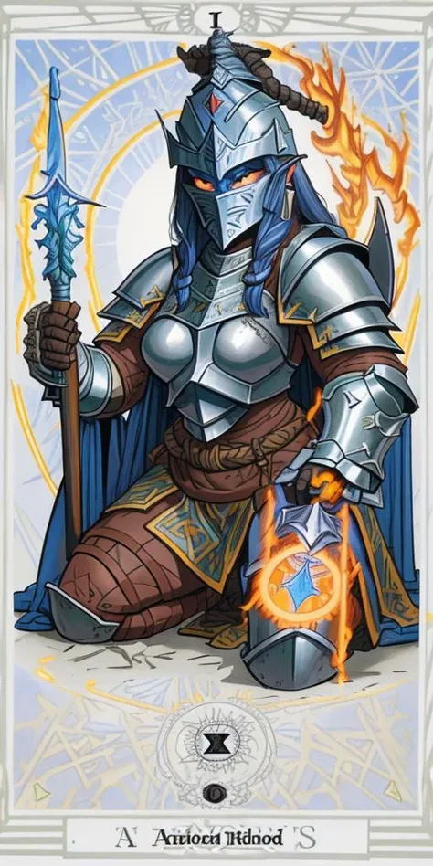 An armored paladin (dwarf woman) kneeling on one knee holding a flaming sword, ThothTarot <lora:ThothTarotDeck:1>