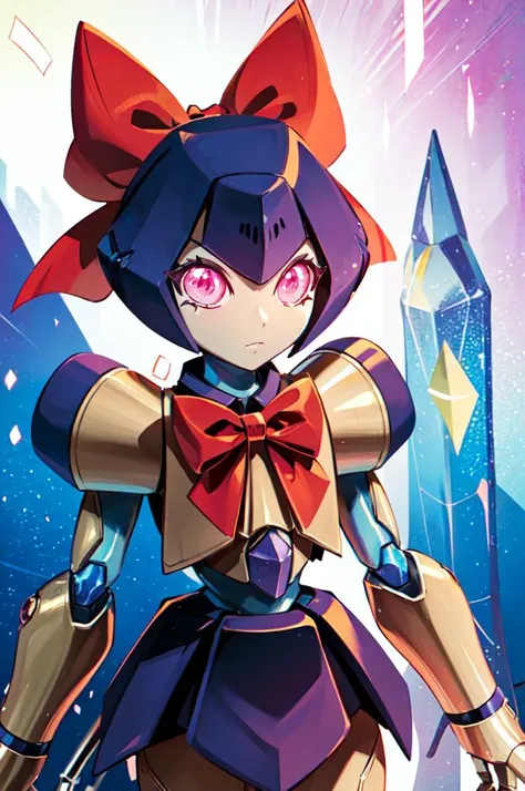 <lora:Brass_Medabots:1> brass_medabots, hair bow, red bowtie, (humanoid robot:1.13),  <lora:Asmaria15:0.75> asmaria, digimon, glowing crystals,, ultra detailed, masterpiece, best quality, aesthetic, detailed,