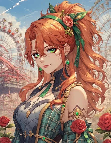 a woman with long red hair and green eyes standing in front of a ferris wheel