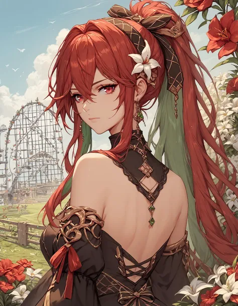 a woman with long red hair and a flower in her hair