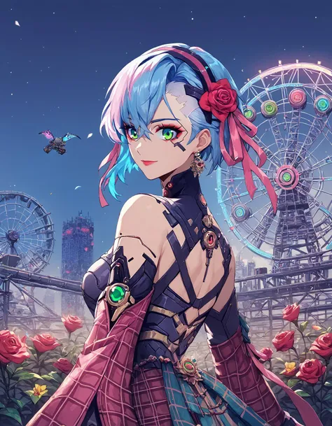 a woman with blue hair and a pink dress standing in front of a ferris wheel