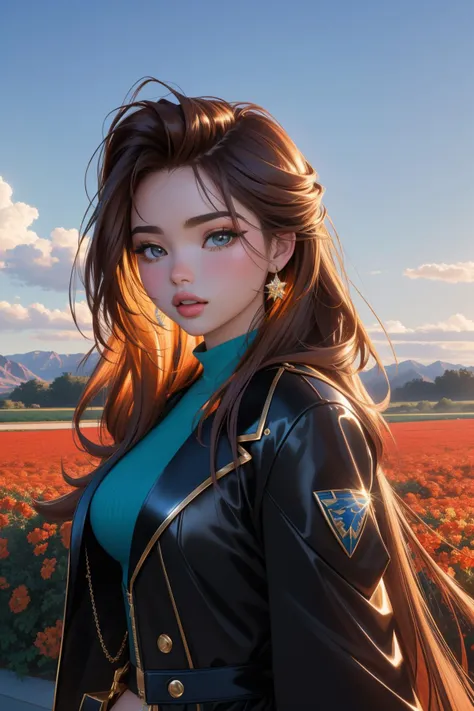 Tower13_Ermagerd, studio Physically based render, Cozy, extreme close-up shot of a Ethereal Sickening ("I just want to let it go for tonight.":1.3) , TaishÅ Era background, Red mountains and flower field, Hurricane, Very wide view, Simple illustration, Fa...