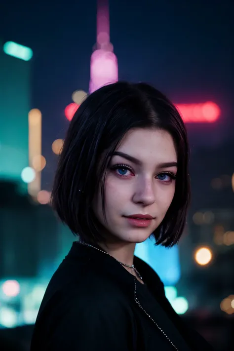 (cyberpunk cityscape, neon, dark, futuristic, detailed:1.15), <lora:sd15_McKennaBull_locon_24_v1:.9> McKennaBull , focus on eyes, close up on face, laughing, dark lavender hair styled as pixie hair, soft focus