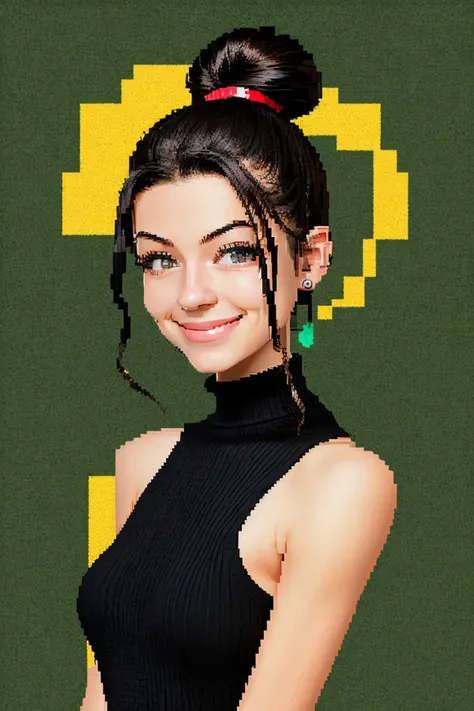 (pixel-art, low-res, blocky, pixel art style, 8-bit graphics:1.15), upper-body of <lora:sd15_McKennaBull_locon_24_v1:.9> McKennaBull black hair , focus on smiling face, side view wearing a thin sweater , her hair is styled as spiral bun,