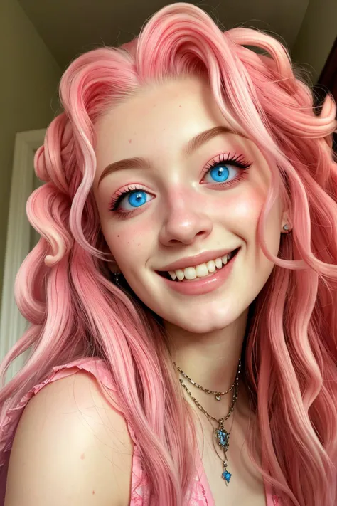 (rococo art, ornate, pastel, romantic, highly detailed:1.15), <lora:sd15_McKennaBull_locon_24_v1:.9> McKennaBull blue eyes, focus on eyes, close up on face, laughing, wearing jewelry, Coral pink color hair styled as big textured curls, vignette