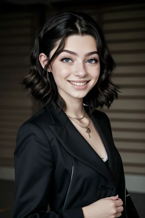 (eye level, headshot:1.2) of photo of <lora:sd15_McKennaBull_locon_24_v1:.9> McKennaBull , smiling, she is wearing tailcoat , her hair is styled as curly shoulder-length hair, BREAK she is (in the basement:1.1), soft bounced lighting, Voigtlnder Nokton 50m...