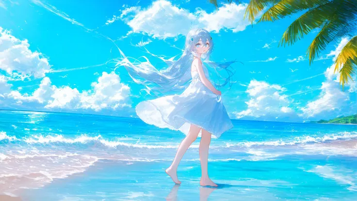 anime girl walking on the beach with a kite in her hand