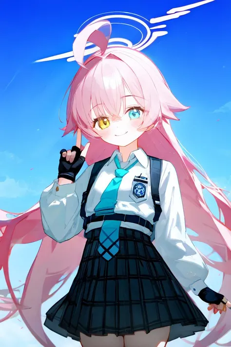 anime girl with pink hair and blue eyes in a school uniform