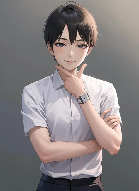 thinking,  masterpiece, 1boy, formal, white shirt, short sleeves, smile,    <lora:thinking_v2_b:0.75>