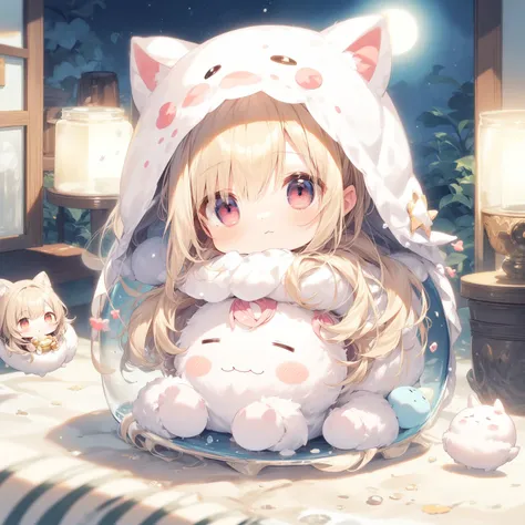 best quality, absurdres, high resolution,
cute, (chibi:1.3), (full body), (drooping eyes:1.3),
chibi in cushion filled glass jar,
round animal costume, fuwafuwa, sleeping girl, sleeping chibi, sleep, in night, moonlight,