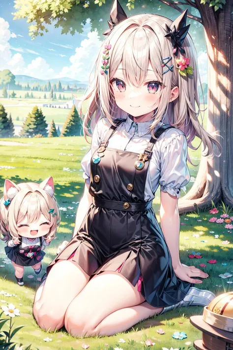 anime girl sitting in the grass with two cats