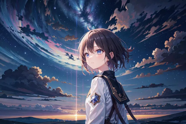 a girl standing in front of a sky with clouds and stars