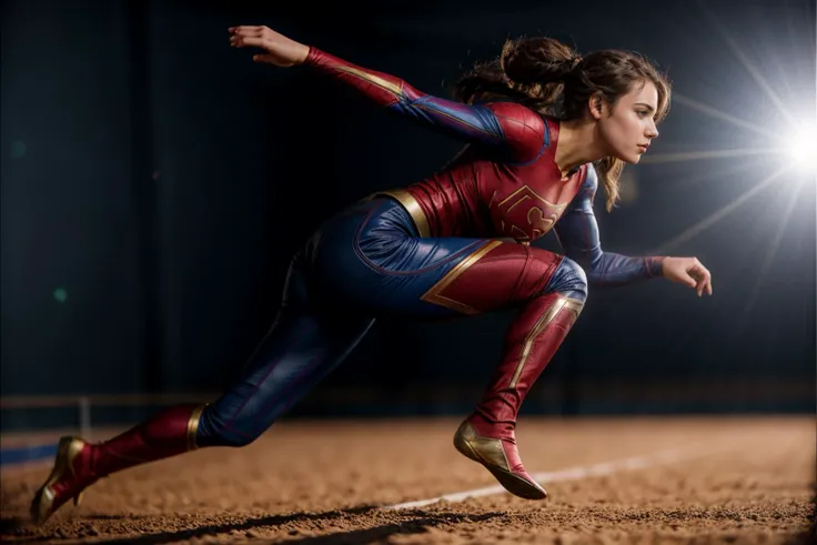 DC movies,full body,photo of a 18 year old girl,supergirl,hurdle race,jumping,pants,ray tracing,detail shadow,shot on Fujifilm X-T4,85mm f1.2,depth of field,blurry background,bokeh,motion blur,<lora:add_detail:1>,