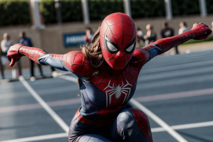 Marvel movies,photo of a 18 year old girl,spiderman,hurdle race,happy,ray tracing,detail shadow,shot on Fujifilm X-T4,85mm f1.2,sharp focus,depth of field,blurry background,bokeh,motion blur,motion lines,<lora:add_detail:1>,