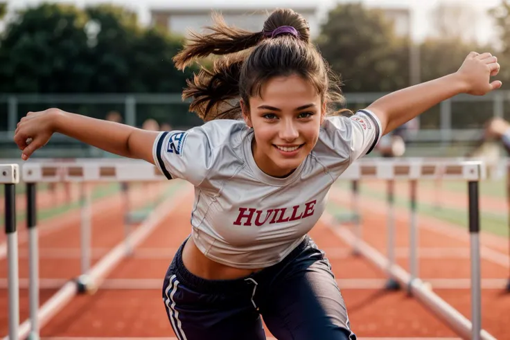 photo of a 18 year old girl,hurdle race,happy,shirt,pants,ray tracing,detail shadow,shot on Fujifilm X-T4,85mm f1.2,sharp focus,depth of field,blurry background,bokeh,motion blur,motion lines,<lora:add_detail:1>,