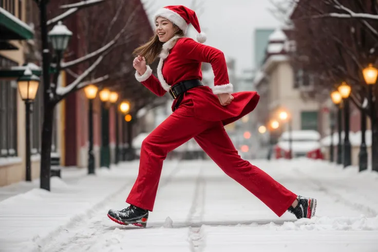 full body,from below,photo of a 18 year old girl,running,happy,laughing,Santa Clausâs outfit,Red Coat,Red Hat,Red Trousers,Black Belt,Black Boots,White Gloves,christmas theme,Christmas tree,snowman,outdoor,windy,heavy snow,detail background,ray tracing,d...