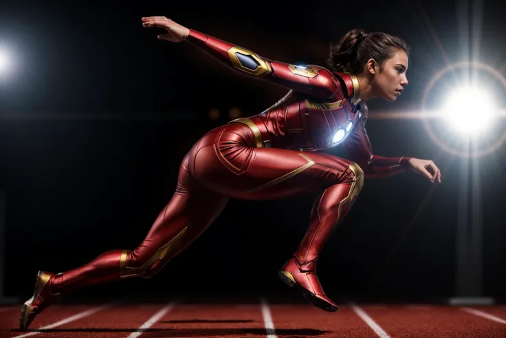 Marvel movies,full body,photo of a 18 year old girl,ironman,hurdle race,jumping,ray tracing,detail shadow,shot on Fujifilm X-T4,85mm f1.2,depth of field,blurry background,bokeh,motion blur,<lora:add_detail:1>,