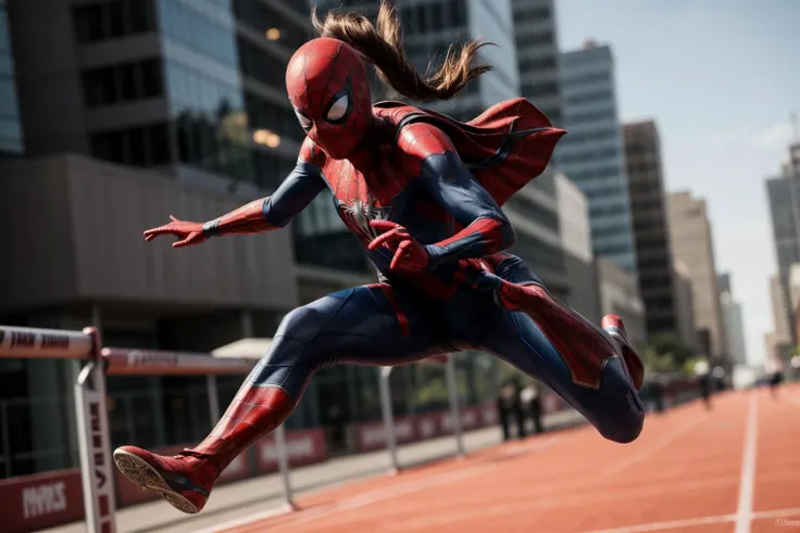 marvel movies,full body,photo of a 18 year old girl,spiderman,hurdle race,jumping,ray tracing,detail shadow,shot on Fujifilm X-T4,85mm f1.2,depth of field,bokeh,motion blur,<lora:add_detail:1>,