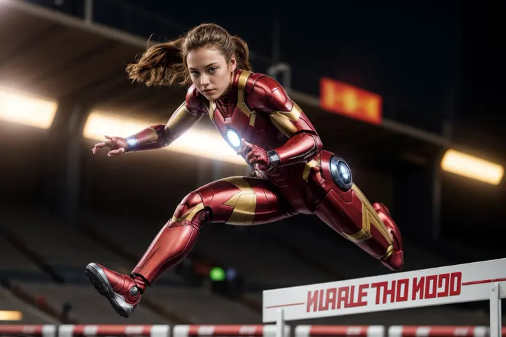 marvel movies,full body,photo of a 18 year old girl,ironman,hurdle race,jumping,ray tracing,detail shadow,shot on Fujifilm X-T4,85mm f1.2,depth of field,bokeh,motion blur,<lora:add_detail:1>,