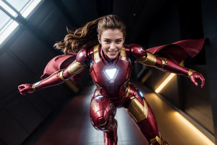 Marvel movies,full body,from below,photo of a 18 year old girl,ironman,running,happy,laughing,ray tracing,detail shadow,shot on Fujifilm X-T4,85mm f1.2,depth of field,bokeh,motion blur,<lora:add_detail:1>,