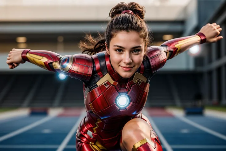 Marvel movies,photo of a 18 year old girl,ironman,hurdle race,happy,ray tracing,detail shadow,shot on Fujifilm X-T4,85mm f1.2,sharp focus,depth of field,blurry background,bokeh,motion blur,motion lines,<lora:add_detail:1>,