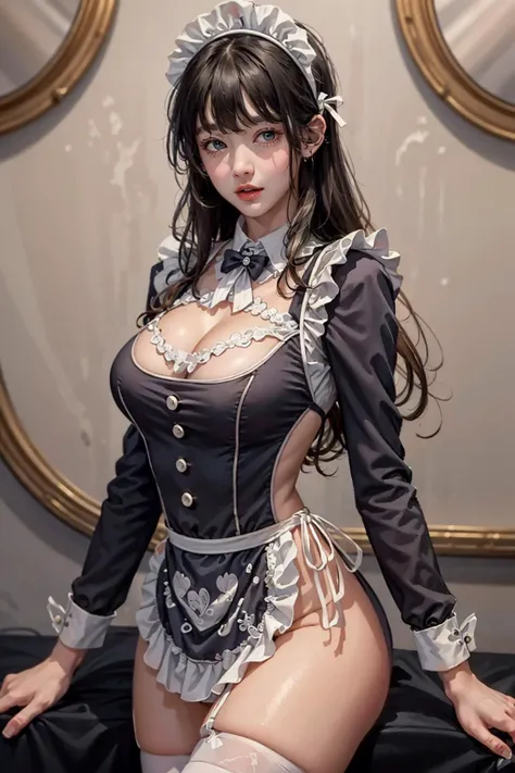 best quality,masterpiece,highres,original,extremely detailed wallpaper,perfect lighting,extremely detailed CG,<lora:add_detail:0.3>,perfect_photography.txt,
<lora:Japanese maid dress v_20230704192404:0.6>,white thighhighs,underwear,maid headdress,apron,