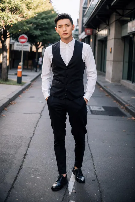 arafed man in a vest and tie standing on a street