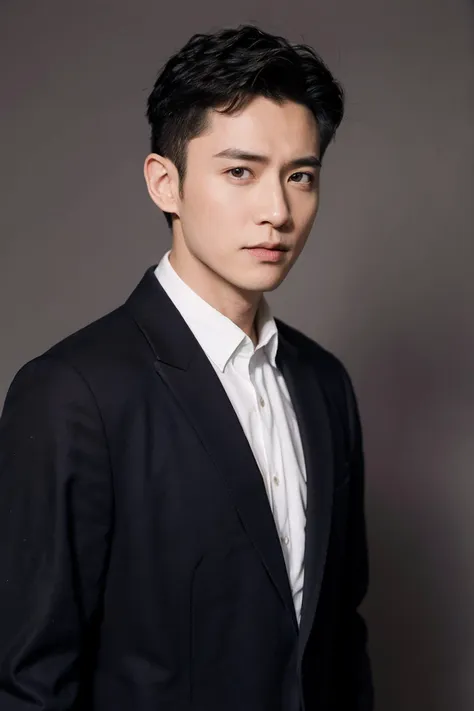 a man in a suit posing for a photo in a studio