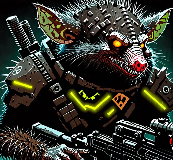 Digital painting of a twisted,malevolent rat-man hybrid,(evil visage:1.4),spiked bulky armor,(helmet with ominous glyphs:1.3),clutching a sniper rifle with glowing runes,thick grey and brown fur bristling,snarling expression,cybernetic enhancements,shadowy...