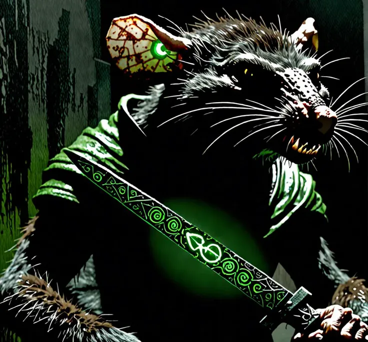 photorealistic,grimdark masterpiece,twisted malevolent rat-man hybrid,evil visage,grey and brown fur,snarling expression,cybernetic enhancements BREAK bulky black armor,intricate detailing,glowing green runes,helmet with glowing green runes BREAK clutching...