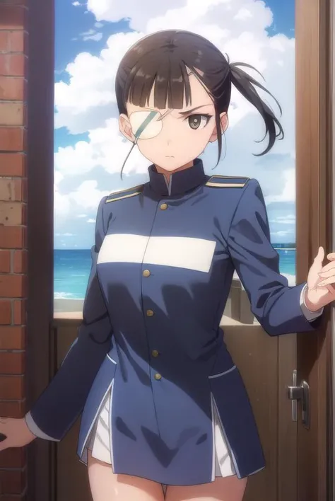 miosakamoto, <lora:mio sakamoto anime-lora-nochekaiser:1>,
mio sakamoto, long hair, black hair, (brown eyes:1.5), ponytail, (eyepatch:1.5),
BREAK uniform, military, military uniform,
BREAK outdoors, ship, ocean, sun, sky, clouds,
BREAK looking at viewer, (...