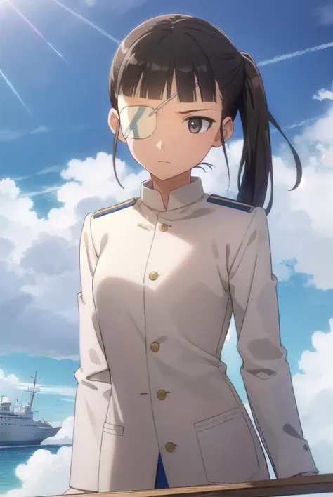 miosakamoto, <lora:mio sakamoto anime-lora-nochekaiser:1>,
mio sakamoto, long hair, black hair, (brown eyes:1.5), ponytail, (eyepatch:1.5),
BREAK uniform, military, military uniform,
BREAK outdoors, ship, ocean, sun, sky, clouds,
BREAK looking at viewer, (...