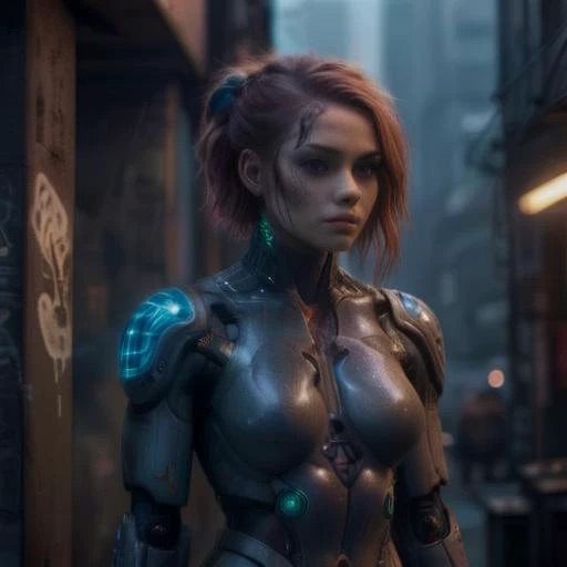 8K,HDR,award-winning photography,cinematic,scifi: Films still featuring a full body early teen girl cyborg heavy modifications,with [electric hair],tattoos and implants all over body,posing against the backdrop of a cybernetic city skyline,the glow of holo...