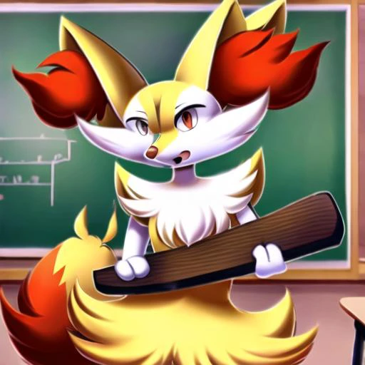 masterpiece, best quality, braixen, pokemon, thatsapaddlin, paddlin, hold_wood_paddle, inside, school, classroom,  <lora:Braixen:0.8>,  <lora:thatsapaddlin:1>, angry face