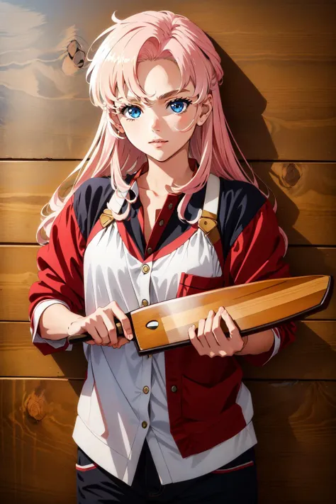 anime girl with pink hair holding a baseball bat in front of a wooden wall