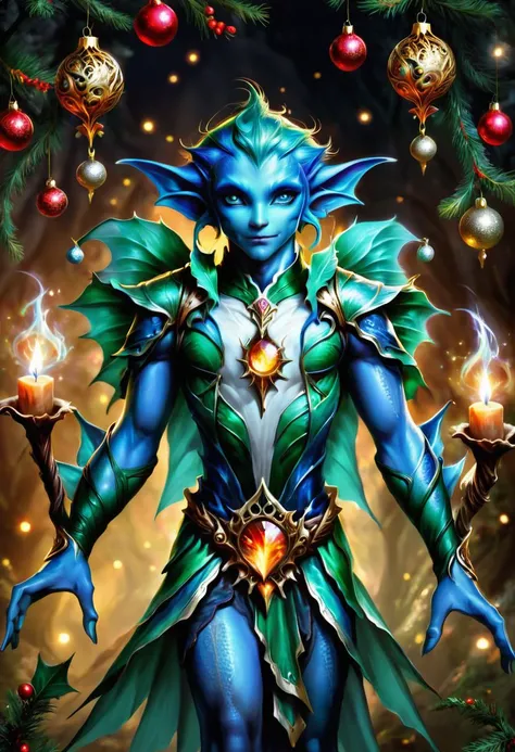 hyper detailed masterpiece, dynamic, awesome quality, cute strom elf, vetala, Supernatural entity from Hindu mythology,  inhabits a corpse, possesses immense knowledge, insight and foretell the future,  occult rituals, cunning nature, reveiving a christmas...