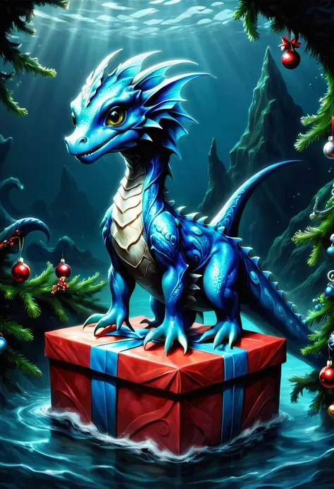 hyper detailed masterpiece, dynamic, awesome quality, cute strom elf, djinn, cute blue cryptid iconic elusive plesiosaur like creature, loch ness, large long necked aquatic being, reveiving a christmas present <lora:PAseer-SDXL-StormElf:0.85>