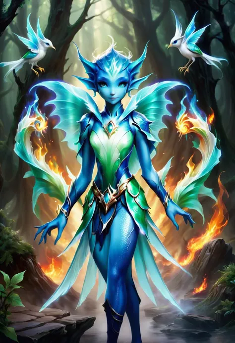 hyper detailed masterpiece, dynamic, awesome quality, cute strom elf, sylph, elemental creature, associated with air and wind, graceful ethereal being, airy translucent appearance, delicate bird wings,  otherworldly aura, linked with wind,  elusive benevol...