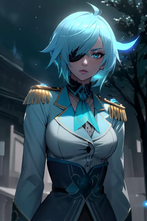 ultra detailed, sharp focus, best quality, masterpiece, <lora:edgElegant:1> edgElegant, epaulettes, wearing edgElegant, light blue hair, eyepatch, best quality, dynamic lighting, masterpiece, intricate details, <lora:Gloomifier_V2_TheGlow:1.6> teal glow, f...